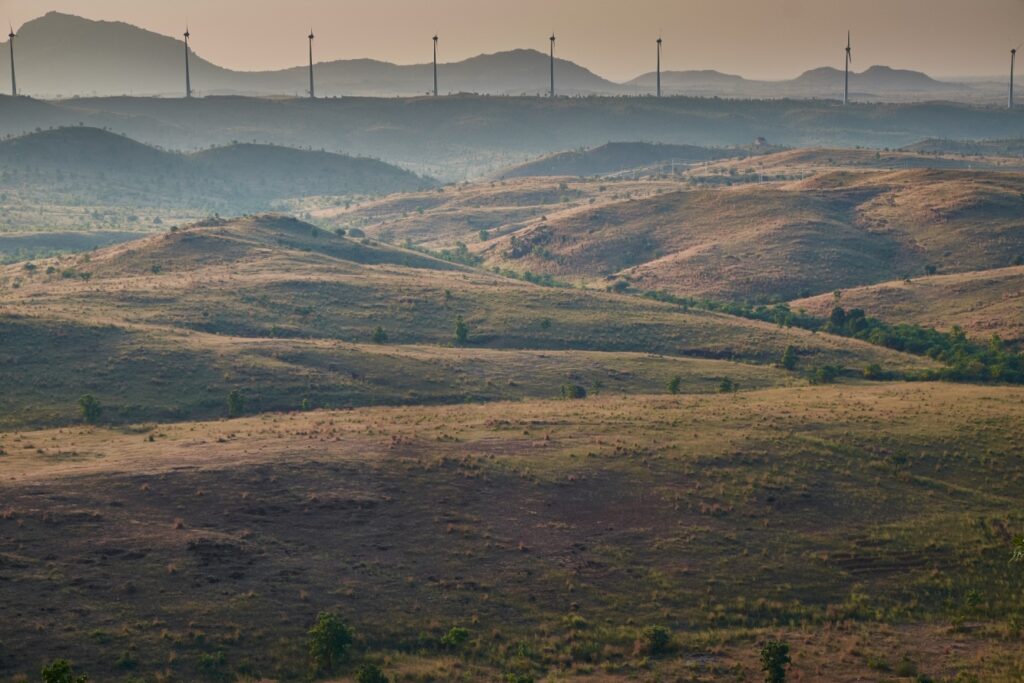 The rolling grassy hills of Kalpavalli, with the windmills looming in the distance